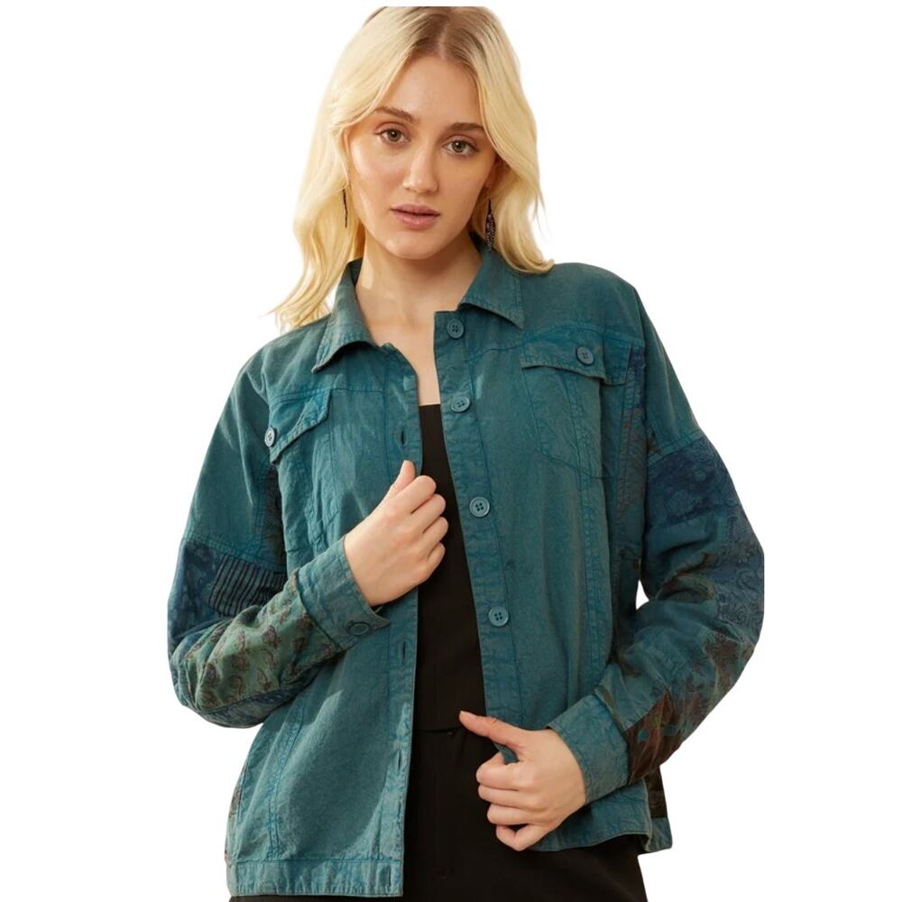 NWT Women's Boho Patchwork Steel Blue Button Up Overshirt Jacket